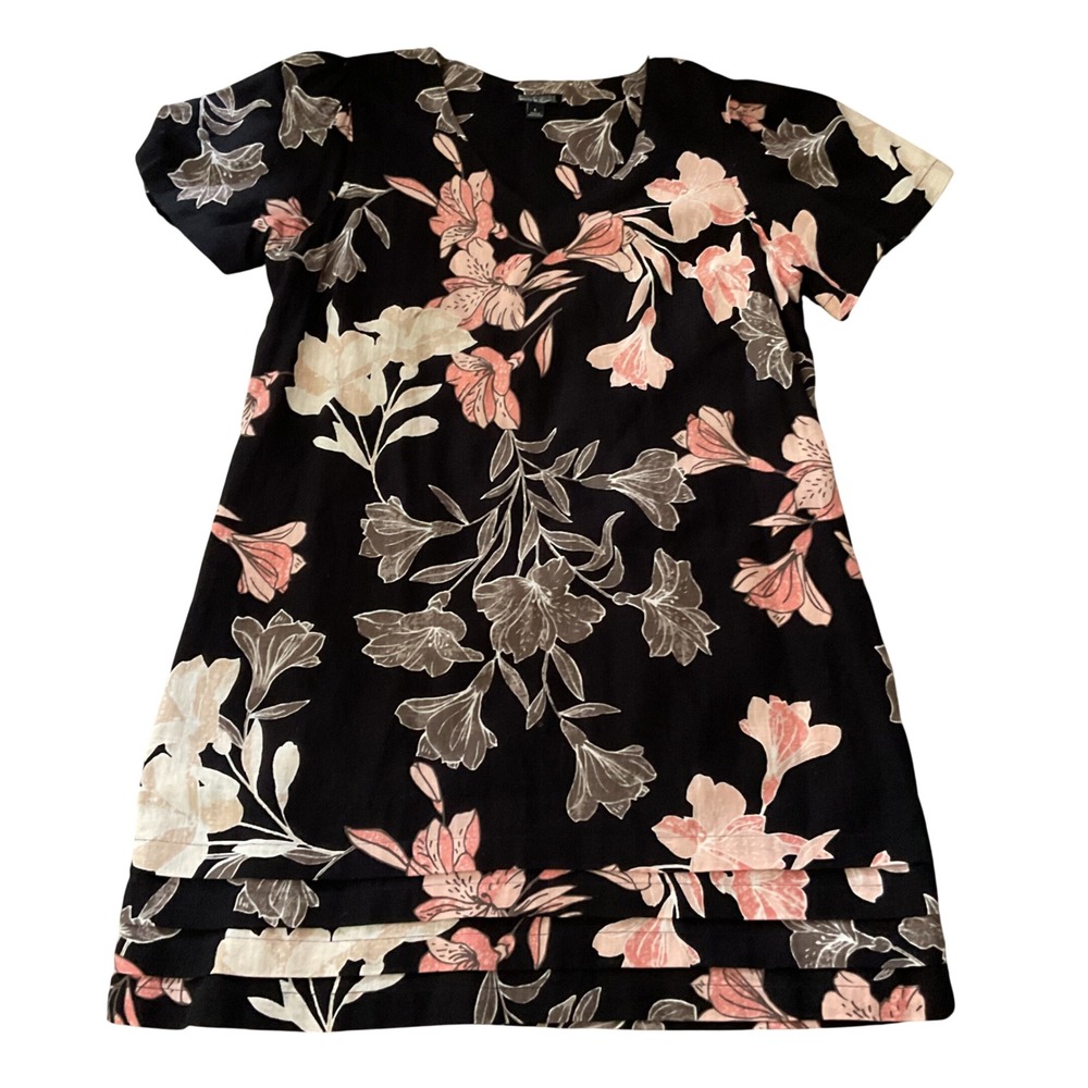 Nicole Miller Original Floral Linen Blend Tiered Hem V-Neck Shift Dress Black L